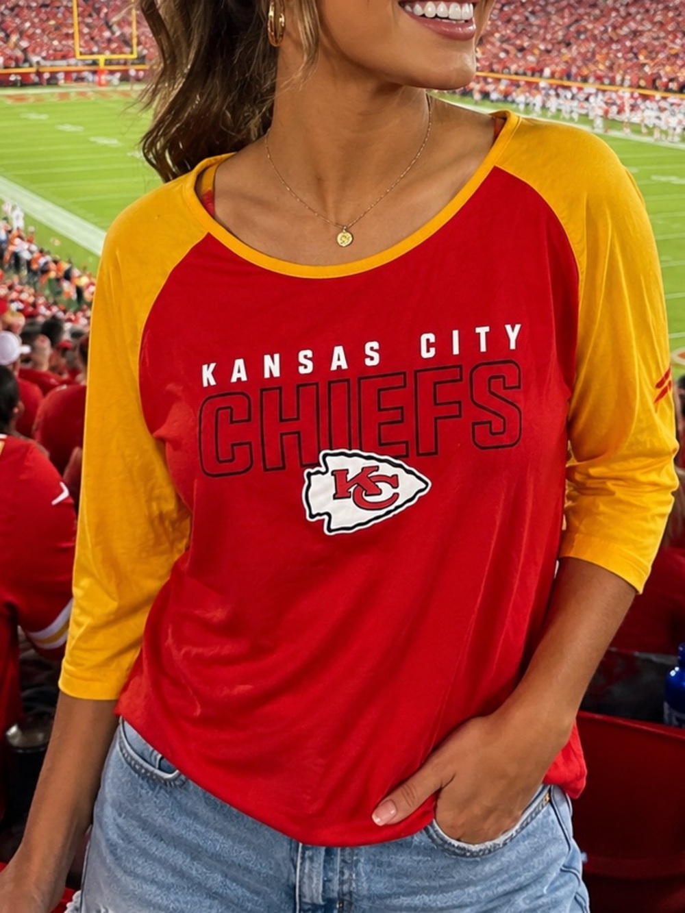 Kansas City Chiefs Fanatics Pro Line 3/4 Sleeve Raglan Tee Red Gold XL